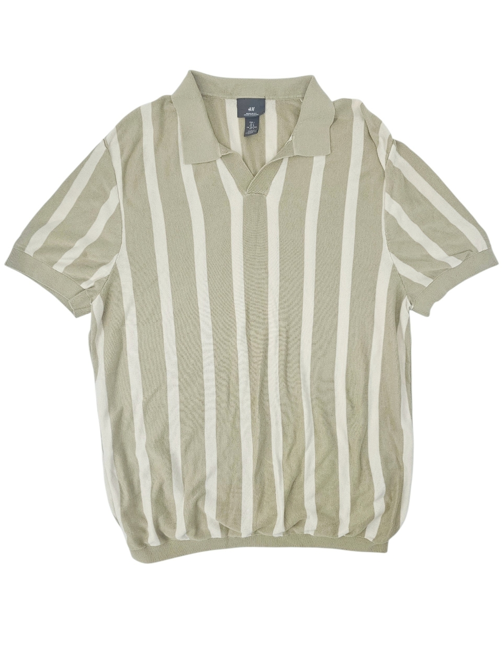 H&M Knit Polo Shirt Men's Large Sage Green Cream Stripe Old Money Coastal